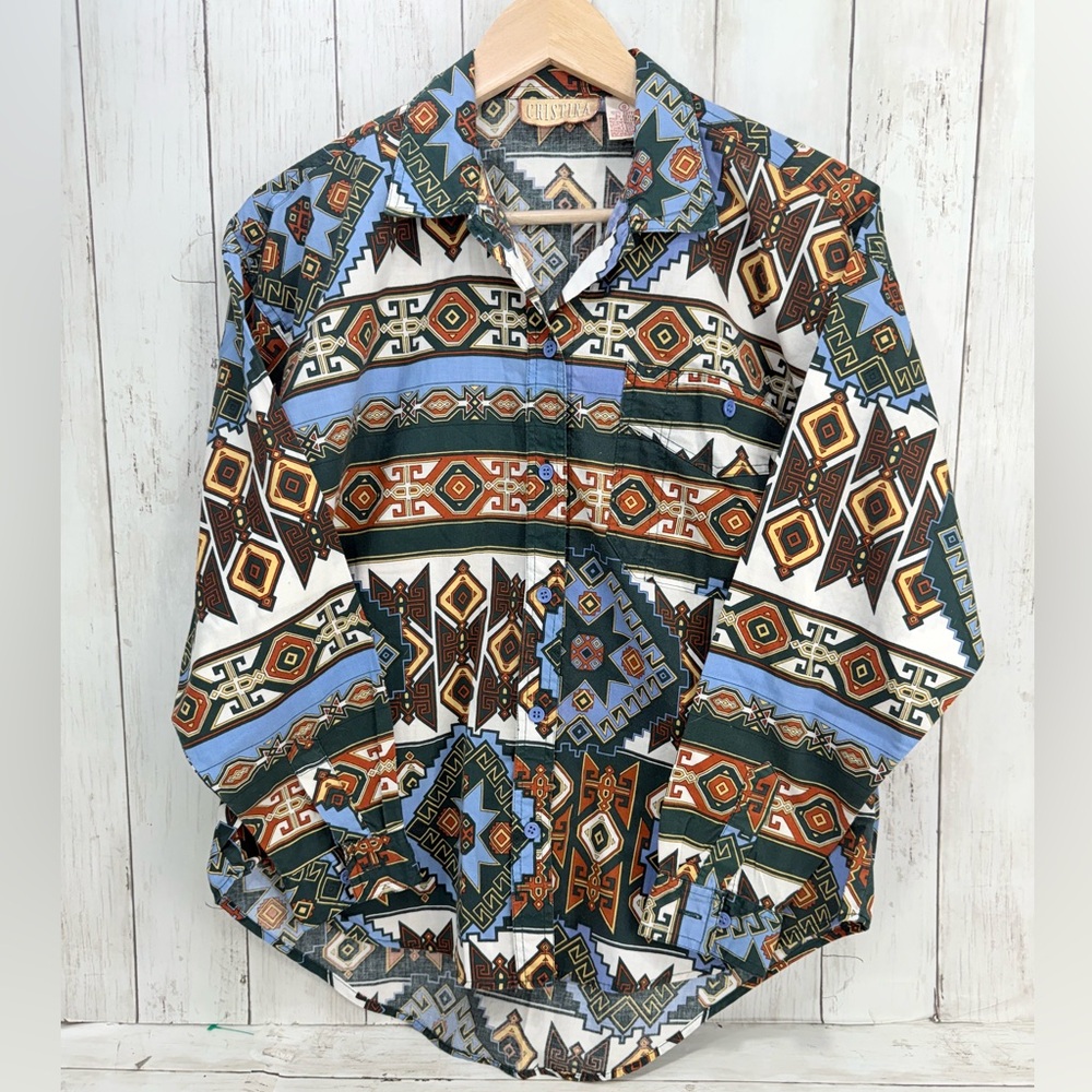 VTG Cowgirl  Cristina Aztec Southwest Button Down Long sleeves Shirt Women Sz S